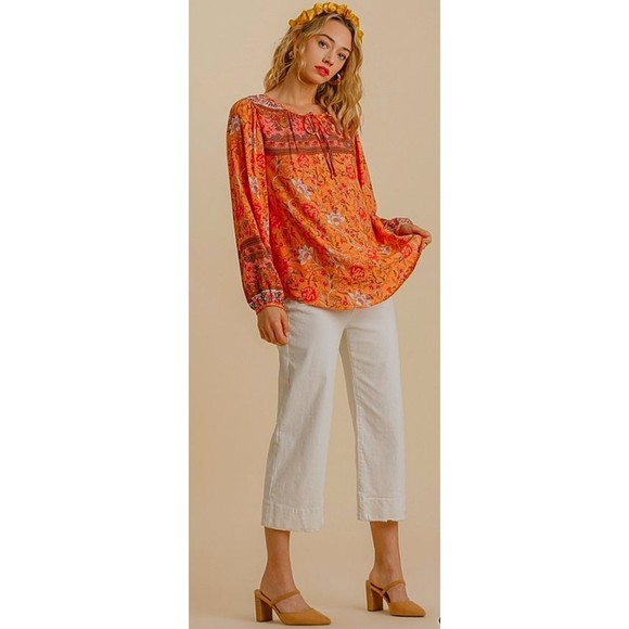Umgee Tops - New Umgee S M Peach Mixed Floral Border Print Long Puff Sleeve Split Neck Top